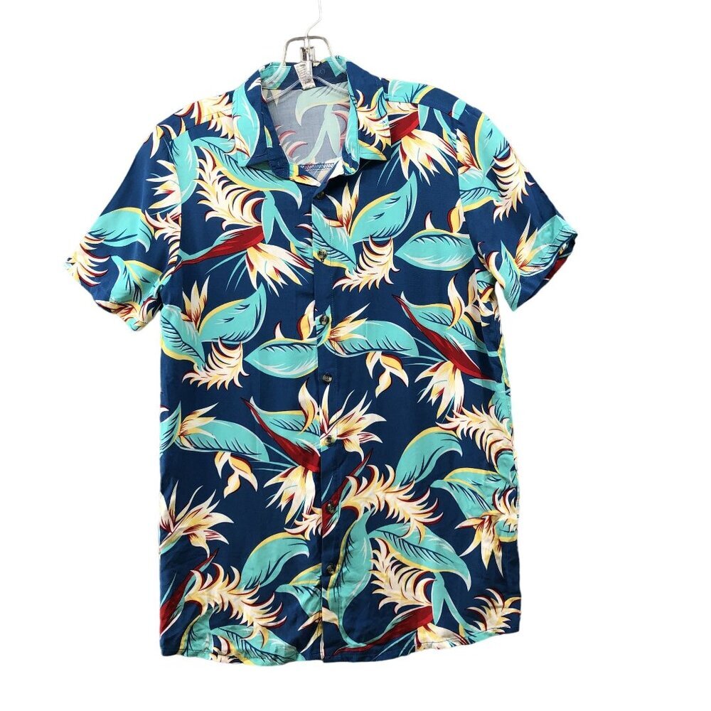 Youth Boys 13-14 Years Hawaiian Shirt‎ Blue Rayon Short Sleeve Floral Tropical